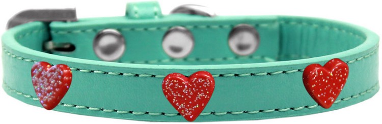 Red Glitter Heart Widget Dog Collar Aqua Size 16